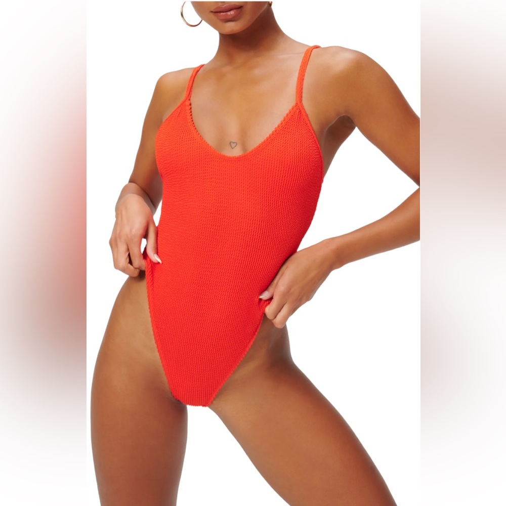 NWT Good American Always Fits Hot Coral Scoop Neck One-Piece Size 1/2 US S/M
